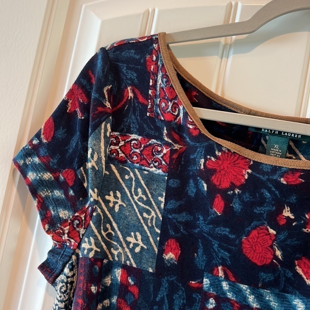 Lauren Ralph Lauren short sleeve patchwork cotton dress faux leather trim/tie XL - Picture 5 of 10